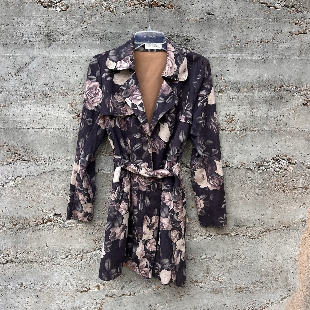 Women's Floral Faux‎ Suede Trench Coat Jacket Blazer Size Medium
